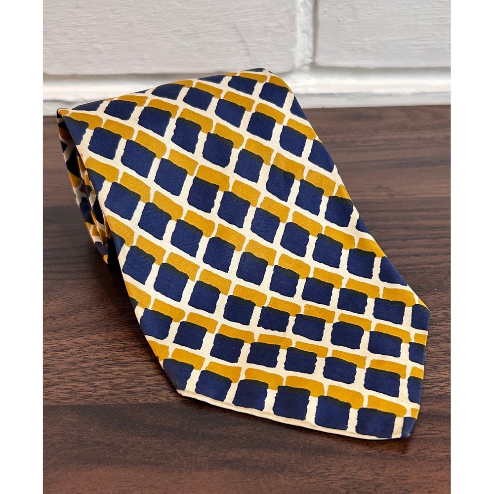 VTG Eros London Paris NY Mens Silk Tie Navy Blue Mustard Yellow Geometric Grid